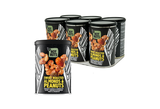 sweet roasted almonds en nuts blik en tray